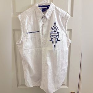Harley pinstriped sleeveless cutoff blowout button down
